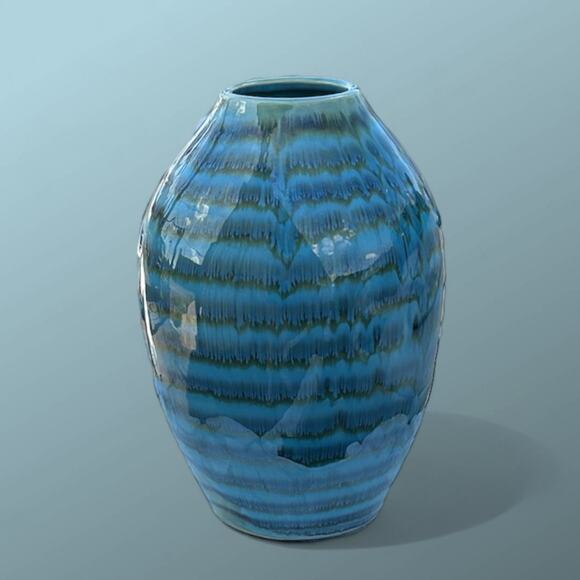 Pair of Vintage Mid Century Blue Stripe Glazed Ceramic Vase-Blue-Round-Handmade - Picture 2 of 4